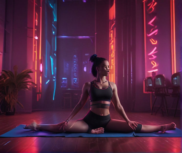A neon-lit studio pulses with energy as yogis clad in cyberpunk-inspired attire.