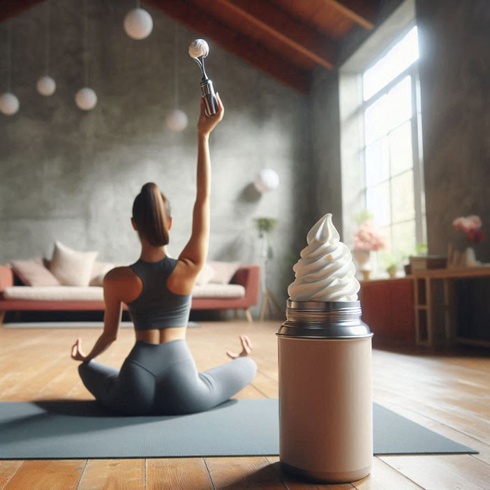 A person practicing yoga in a serene studio, holding a whip cream dispenser in one hand.