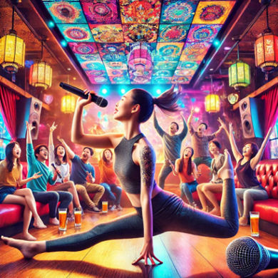 A lively Gangnam karaoke room with friends singing; one person stretching in a yoga pose.