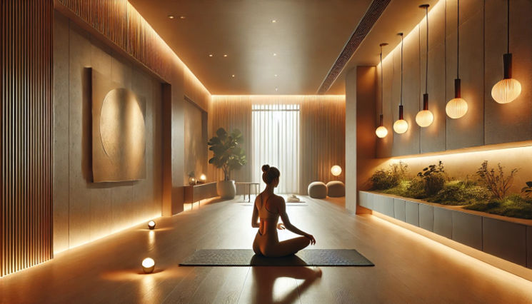 A serene yoga studio with warm, dimmable lighting from Seus Lighting, featuring recessed and wall-mounted fixtures casting a soft glow.