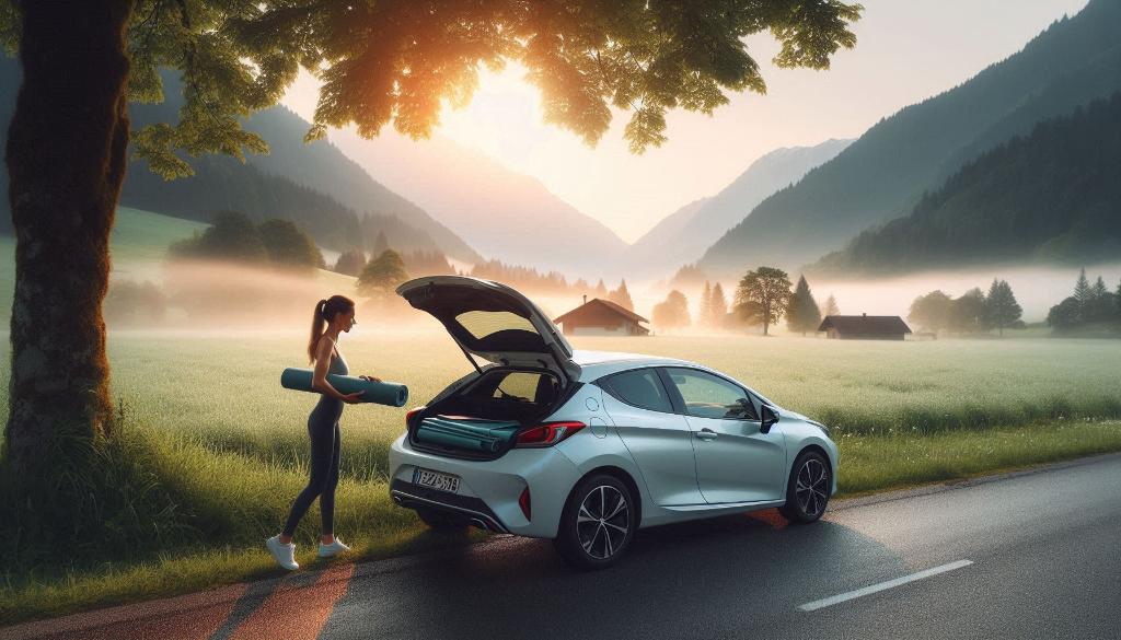 Yoga practitioner loads mat into parked Peugeot along misty countryside road at sunrise.