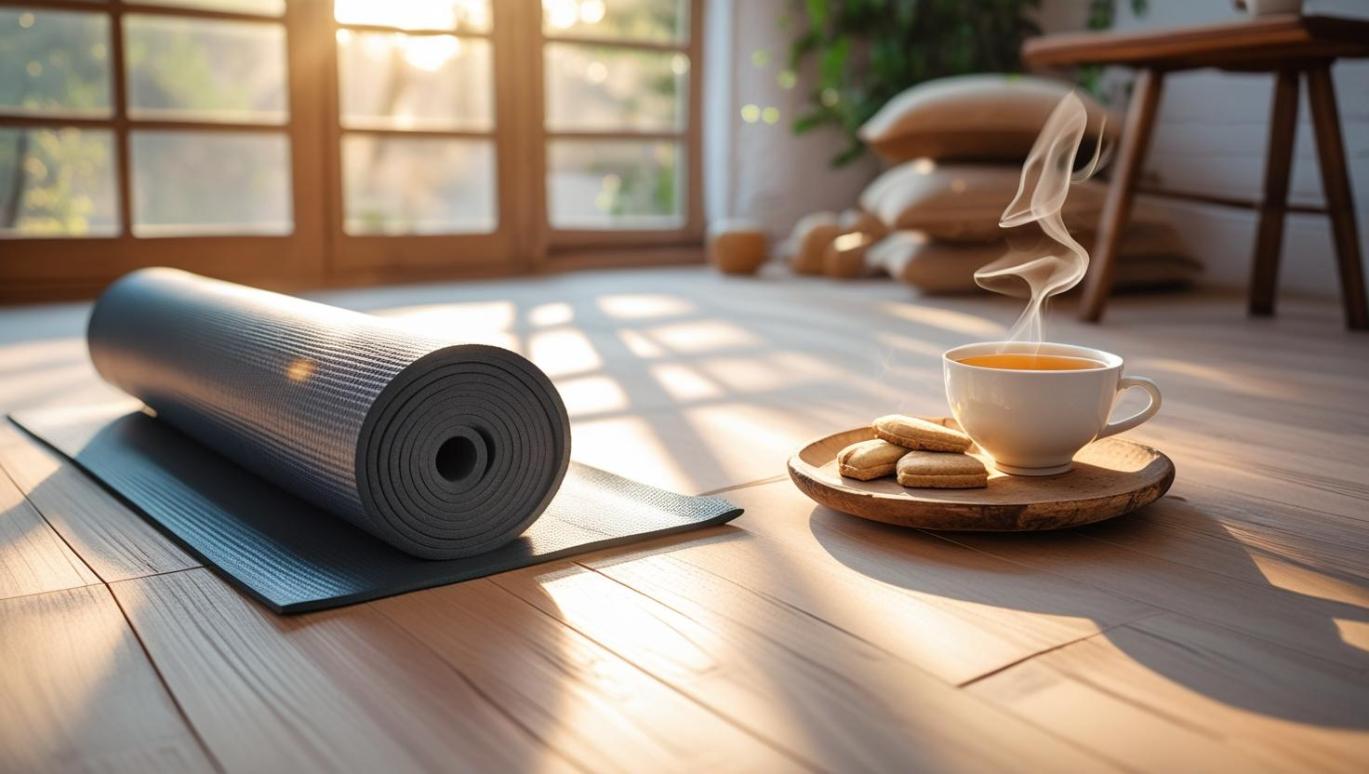 Yoga mat beside wooden table with biscuits and tea in peaceful studio.