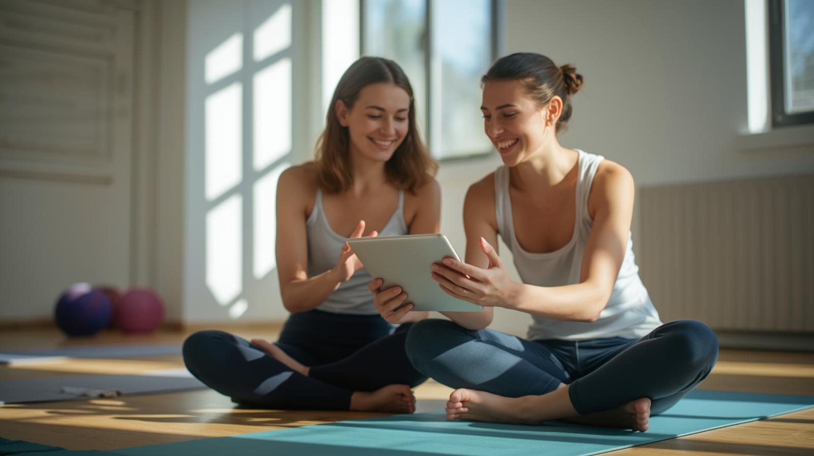 Yoga learners sharing digital study resources together in a bright, welcoming community space.