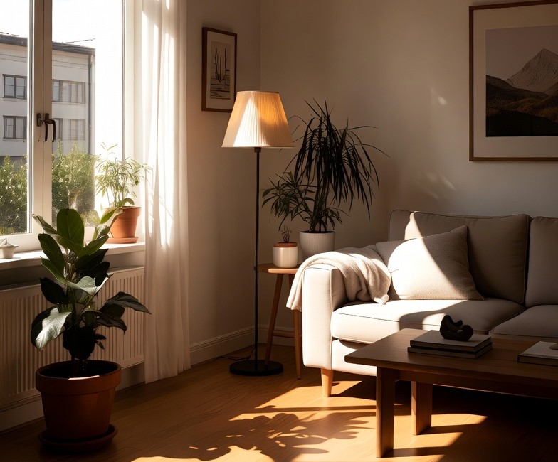 peaceful living room symbols of cleanliness and balance