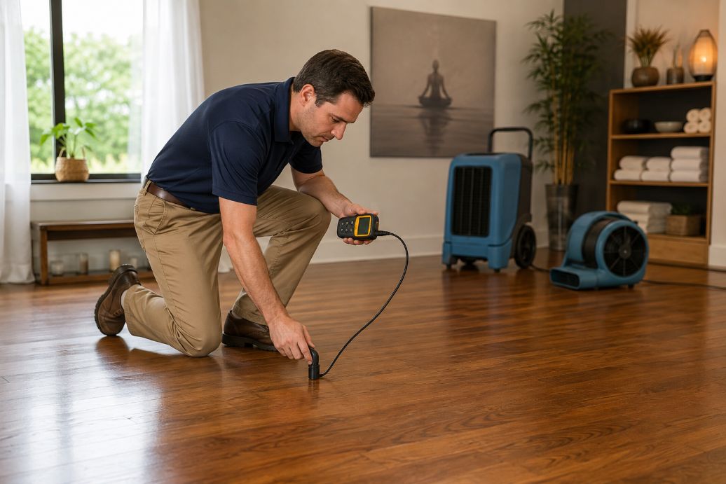 water restoration professional inspecting floor for moisture